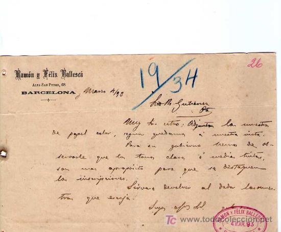 Cartas comerciales: BARCELONA. 1893. CARTA COMERCIAL DE RAMON Y FELIX BALLESCA.