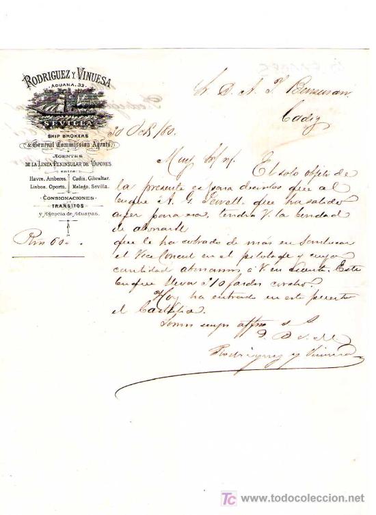 Commercial Letters: SEVILLA. 1880. CARTA COMERCIAL DE AGENTES DE LA LINEA PENINSULAR DE VAPORES. RODRIGUEZ Y VINUESA.
