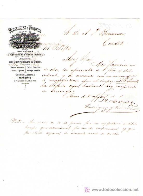 Gesch&auml;ftsbriefe: SEVILLA. 1880. CARTA COMERCIAL DE AGENTES DE LA LINEA PENINSULAR DE VAPORES. RODRIGUEZ Y VINUESA.