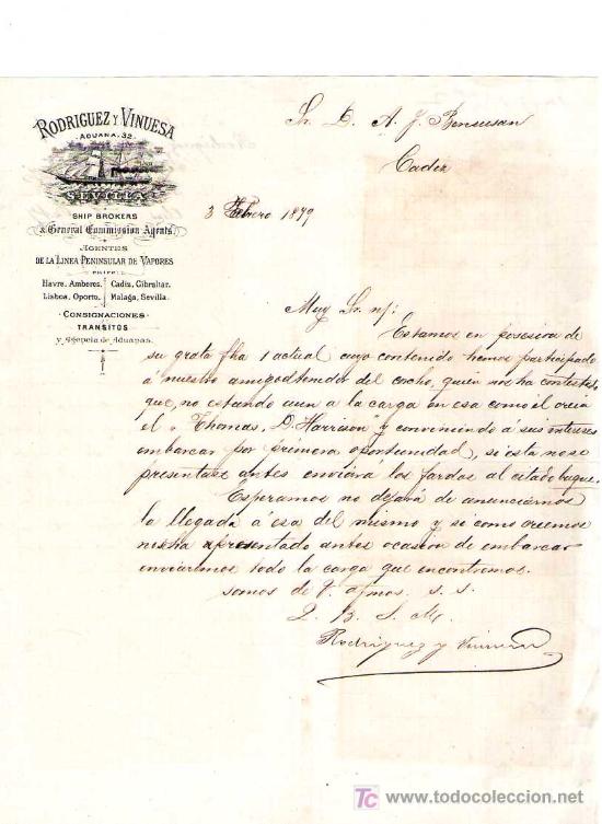 Gesch&auml;ftsbriefe: SEVILLA. 1879. CARTA COMERCIAL DE AGENTES DE LA LINEA PENINSULAR DE VAPORES. RODRIGUEZ Y VINUESA.
