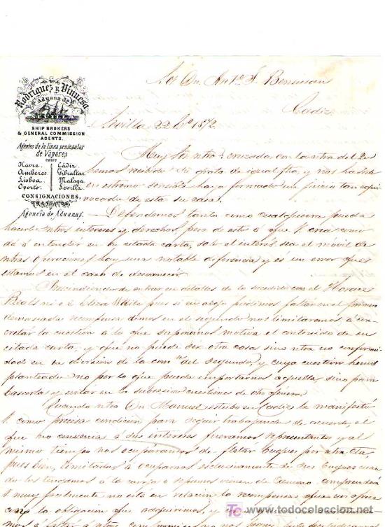 Commercial Letters: SEVILLA. 1872. CARTA COMERCIAL DE AGENTES DE LA LINEA PENINSULAR DE VAPORES. RODRIGUEZ Y VINUESA.