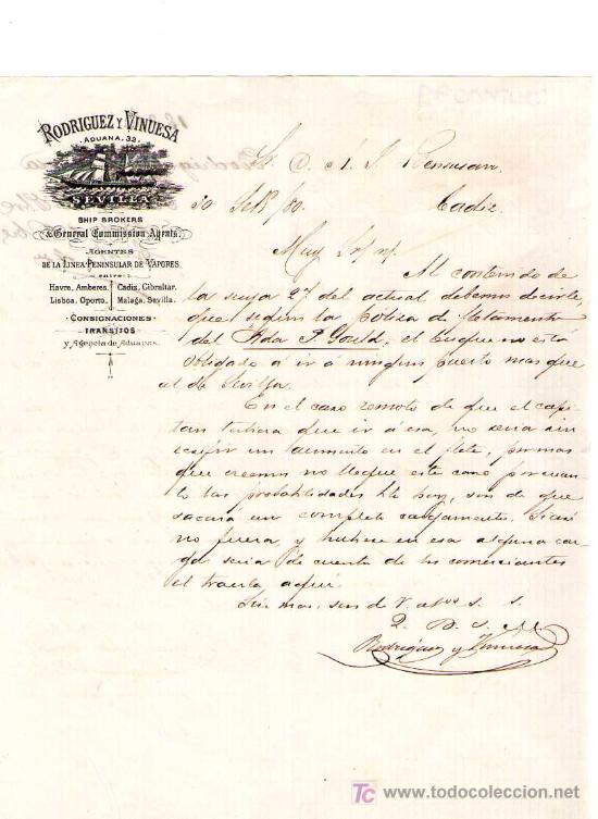 Commercial Letters: SEVILLA. 1880. CARTA COMERCIAL DE AGENTES DE LA LINEA PENINSULAR DE VAPORES. RODRIGUEZ Y VINUESA.