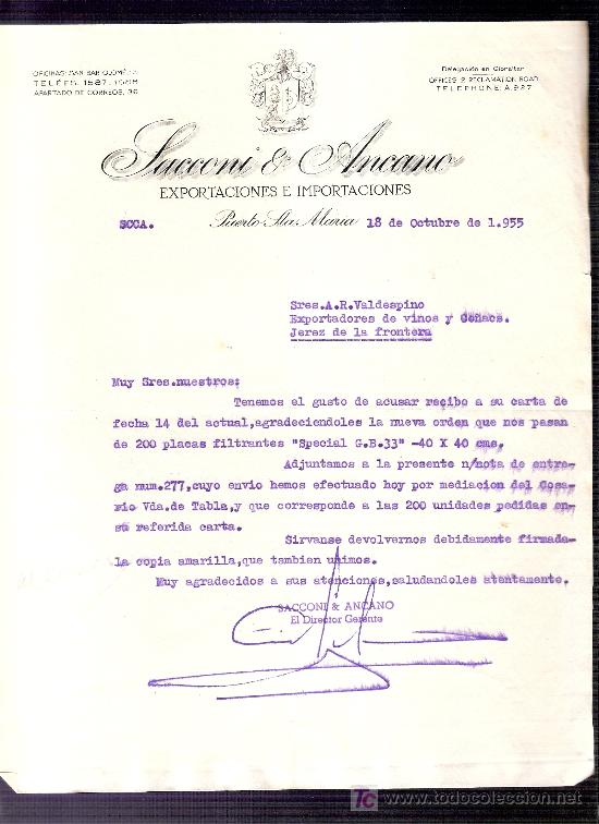 Commercial Letters: CARTA COMERCIAL. SACONI & ANCANO. EXPORTACIONES E IMPORTACIONES. VALDESPINO. JEREZ. OCTUBRE 1955.
