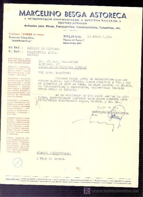 Commercial Letters: CARTA COMERCIAL. MARCELINO BESGA ASTORECA. IMPORTACIONES. VALDESPINO. JEREZ. BILBAO, ABRIL 1954.