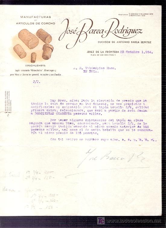 Commercial Letters: CARTA COMERCIAL. JOSE BAREA RODRIGUEZ. MANUFACTURAS. VALDESPINO. JEREZ. OCTUBRE 1954.