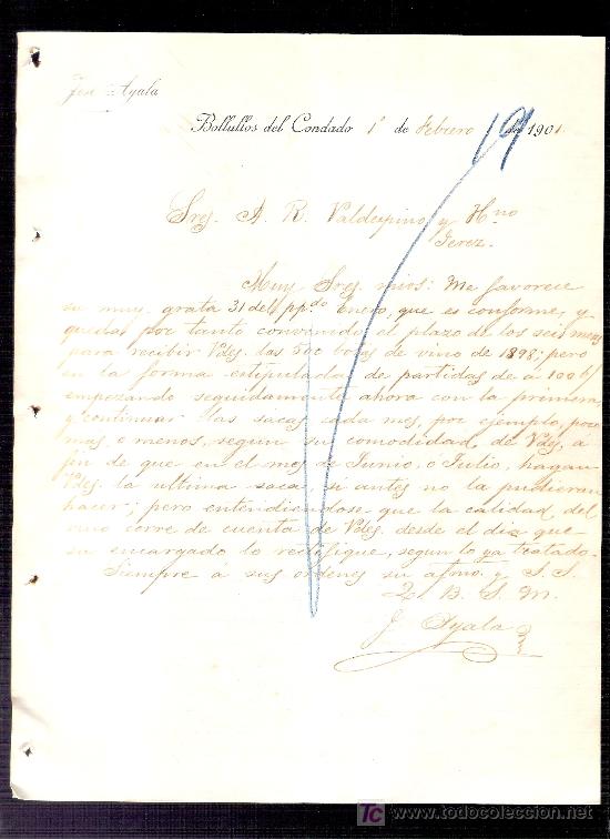 Commercial Letters: CARTA COMERCIAL.JOSE AYALA. VALDESPINO. JEREZ. BOLLULOS DEL CONDADO, FEBRERO 1901.