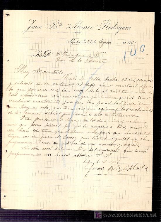 Commercial Letters: CARTA COMERCIAL. JUAN BTA. ALVAREZ RODRIGUEZ. VALDESPINO. JEREZ. ALGODONALES, AGOSTO 1901.