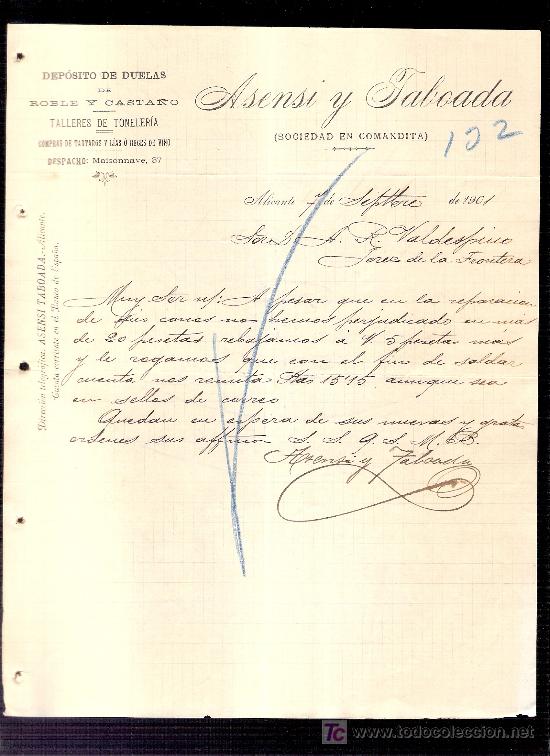 Commercial Letters: CARTA COMERCIAL. ASENSI Y FABOADA. SOCIEDAD EN COMANDITA. VALDESPINO. JEREZ. ALICANTE, SEPT. 1901.