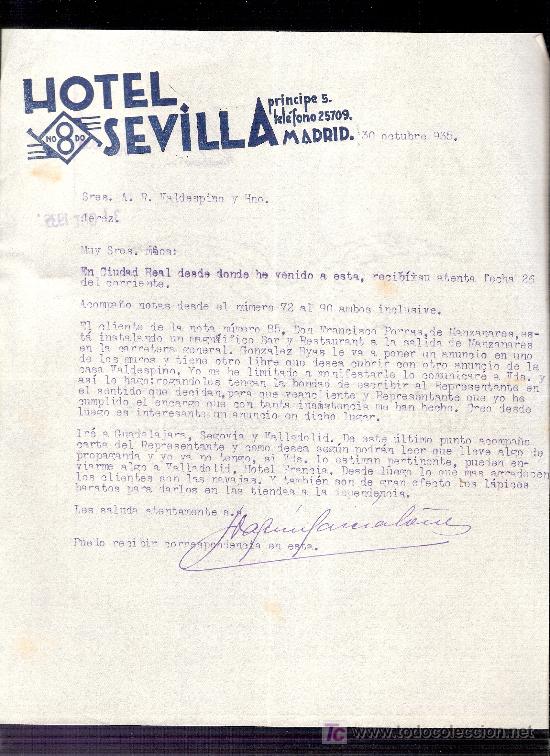 Commercial Letters: CARTA COMERCIAL. HOTEL SEVILLA. NOSDO. VALDESPINO. JEREZ. MADRID, 1935 OCTUBRE.