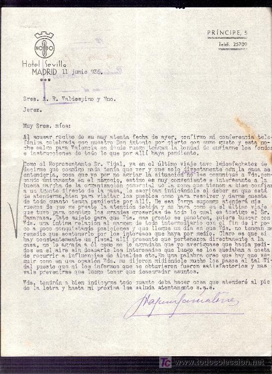 Commercial Letters: CARTA COMERCIAL. HOTEL SEVILLA. VALDESPINO. JEREZ. MADRID, 1935 JUNIO.