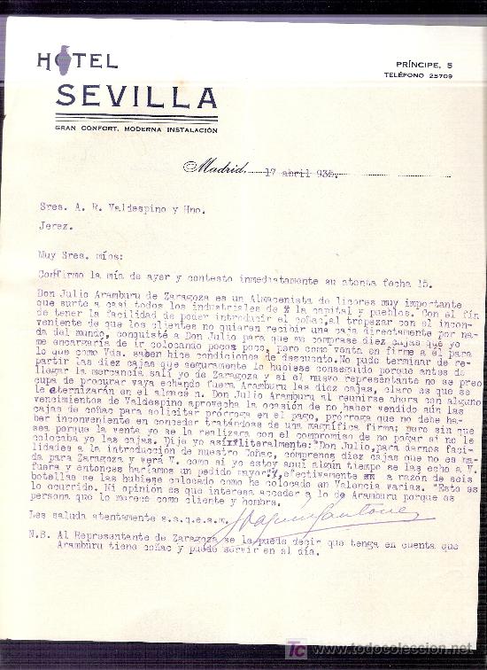 Commercial Letters: CARTA COMERCIAL. HOTEL SEVILLA. VALDESPINO. JEREZ. MADRID, 1935 ABRIL.