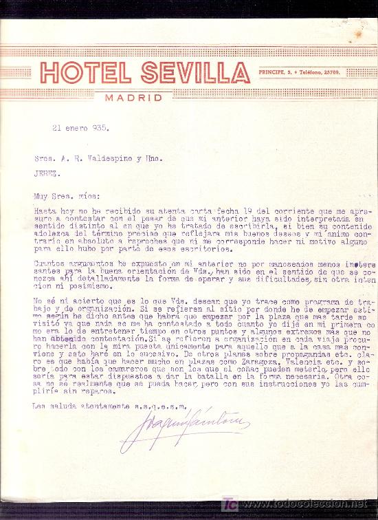 Commercial Letters: CARTA COMERCIAL. HOTEL SEVILLA. VALDESPINO. JEREZ. MADRID, 1935 ENERO.