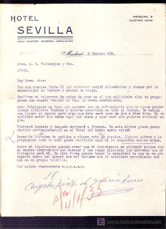 Commercial Letters: CARTA COMERCIAL. HOTEL SEVILLA. VALDESPINO. JEREZ. MADRID, 1935 FEBRERO.