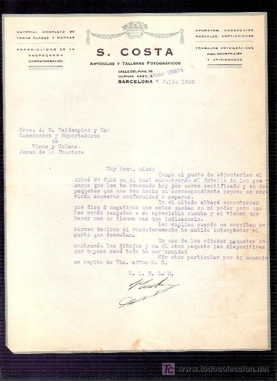 Commercial Letters: CARTA COMERCIAL. S. COSTA. ARTICULOS FOTOGRAFICOS. VALDESPINO. JEREZ. BARCELONA, JULIO 1933.