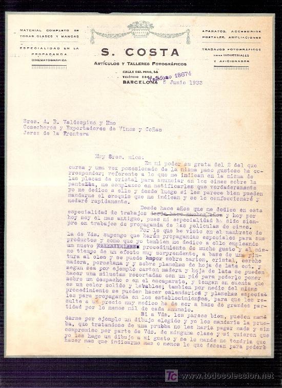 Commercial Letters: CARTA COMERCIAL. S. COSTA. ARTICULOS FOTOGRAFICOS. VALDESPINO. JEREZ. BARCELONA, JUNIO 1933.