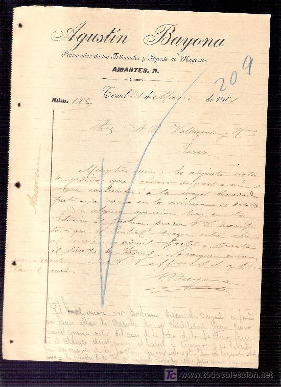 Commercial Letters: CARTA COMERCIAL. AGUSTIN BAYONA. PROCURADOS Y AGENTE. VALDESPINO. JEREZ. TERUEL, 1901 MARZO.