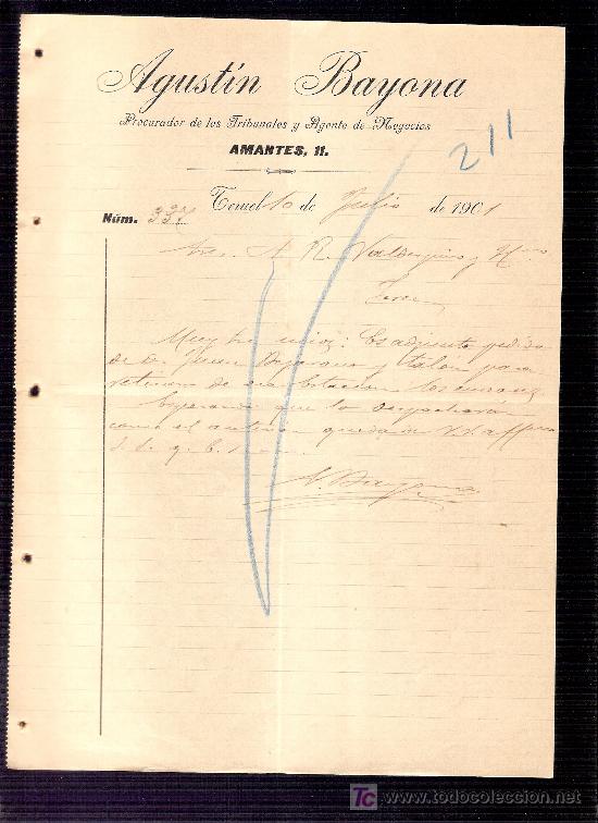 Commercial Letters: CARTA COMERCIAL. AGUSTIN BAYONA. PROCURADOR Y AGENTE. VALDESPINO. JEREZ. TERUEL, 1901 JULIO.