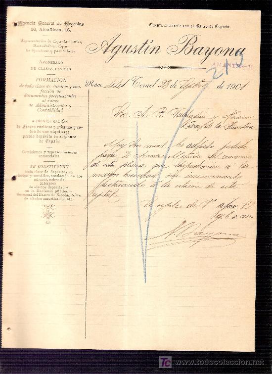 Lettere commerciali: CARTA COMERCIAL. AGUSTIN BAYONA. PROCURADOR Y AGENTE. VALDESPINO. JEREZ. TERUEL, 1901 SEPTIEMBRE.