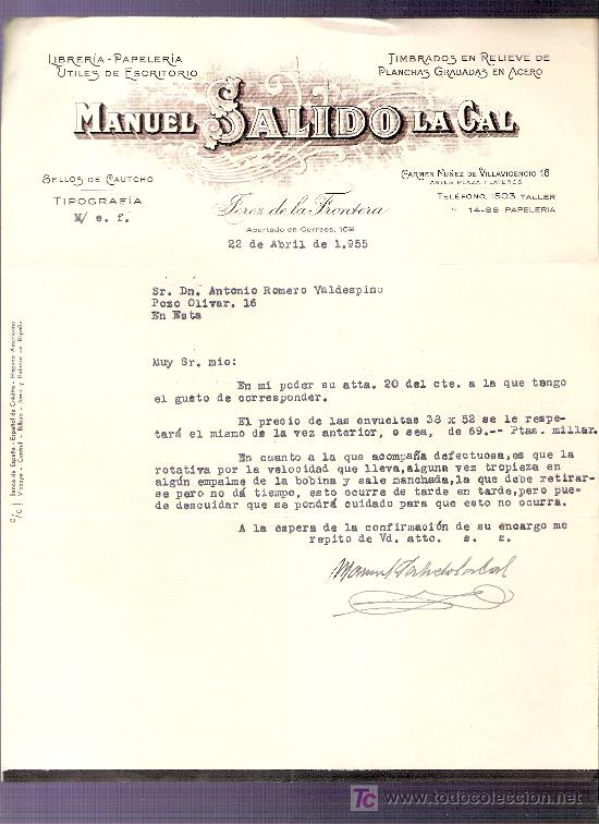 Commercial Letters: CARTA COMERCIAL. MANUEL SALIDO LA CAL. LIBRERIA. VALDESPINO. JEREZ. ABRIL, 1955.