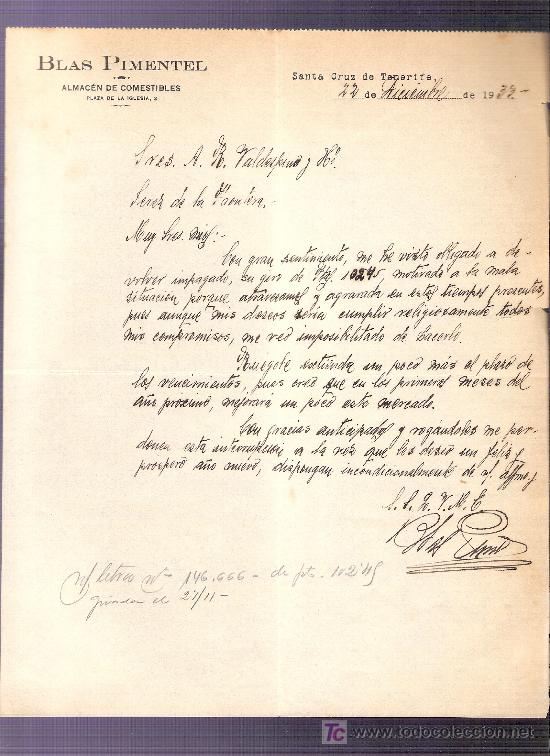Commercial Letters: CARTA COMERCIAL. BLAS PIMENTEL. ALMACEN COMESTIBLES. VALDESPINO. JEREZ. TENERIFE, DICIEMBRE 1933.