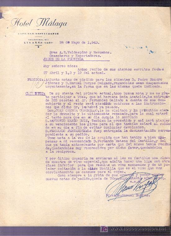 Commercial Letters: CARTA COMERCIAL. HOTEL MALAGA.CAFE-RESTAURANTE. VALDESPINO. JEREZ. LINARES, 1943, MAYO.