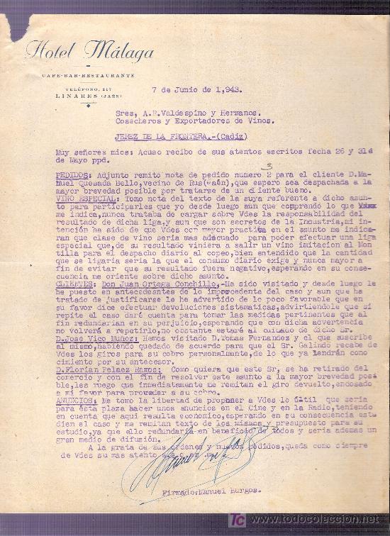 Commercial Letters: CARTA COMERCIAL. HOTEL MALAGA.CAFE-RESTAURANTE. VALDESPINO. JEREZ. LINARES, 1943, JUNIO.