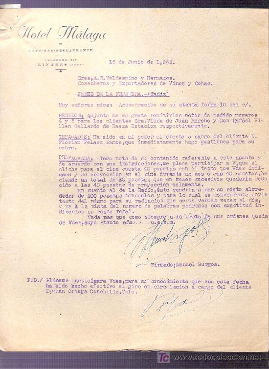 Commercial Letters: CARTA COMERCIAL. HOTEL MALAGA.CAFE-RESTAURANTE. VALDESPINO. JEREZ. LINARES, 1943, JUNIO.