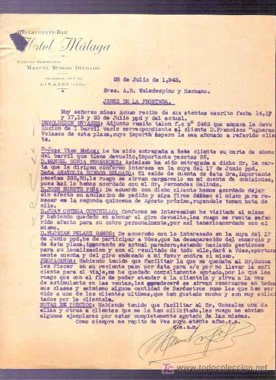 Commercial Letters: CARTA COMERCIAL. HOTEL MALAGA.CAFE-RESTAURANTE. VALDESPINO. JEREZ. LINARES, 1943, JULIO.
