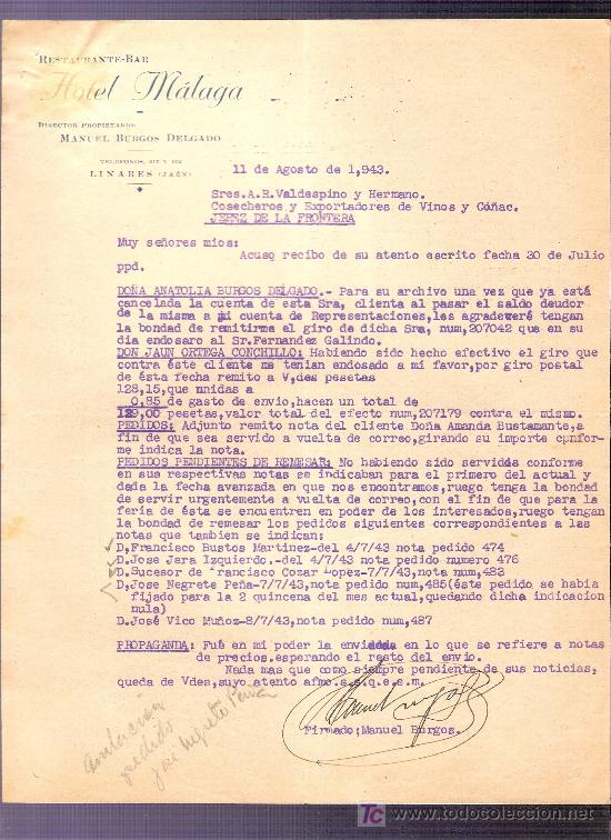 Commercial Letters: CARTA COMERCIAL. HOTEL MALAGA.CAFE-RESTAURANTE. VALDESPINO. JEREZ. LINARES, 1943, AGOSTO.