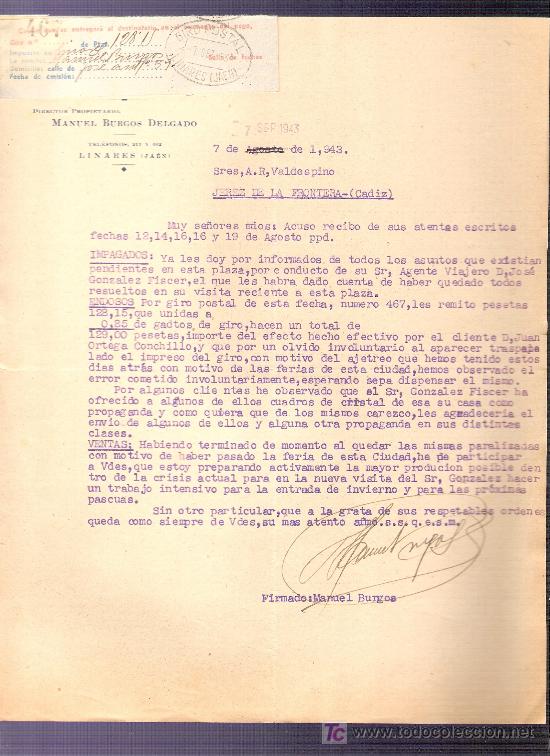 Commercial Letters: CARTA COMERCIAL. HOTEL MALAGA.CAFE-RESTAURANTE. VALDESPINO. JEREZ. LINARES, 1943, SEPTIEMBRE.