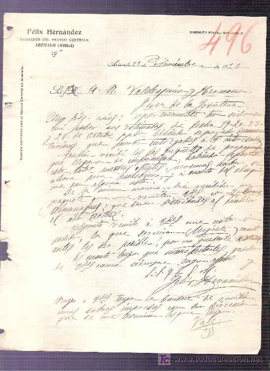 Commercial Letters: CARTA COMERCIAL. FELIX HERNANDEZ. COBRADOR BANCO CENTRAL. VALDESPINO. JEREZ. NOVIEMBRE 1926.