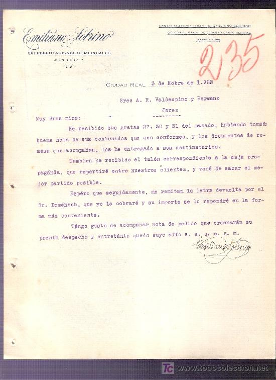 Commercial Letters: CARTA COMERCIAL. EMILIANO SOBRINO. VALDESPINO. JEREZ. CIUDAD REAL, NOVIEMBRE 1922.