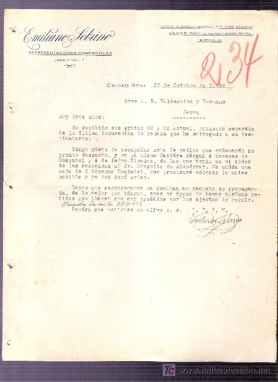 Commercial Letters: CARTA COMERCIAL. EMILIANO SOBRINO. VALDESPINO. JEREZ. CIUDAD REAL, OCTUBRE 1922.