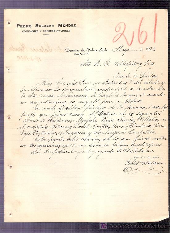 Commercial Letters: CARTA COMERCIAL. PEDRO SALAZAR MENDEZ. VALDESPINO. JEREZ. 1922, MAYO. BARRIOS DE SALAS