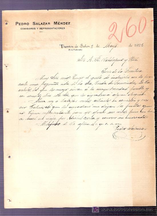 Commercial Letters: CARTA COMERCIAL. PEDRO SALAZAR MENDEZ. VALDESPINO. JEREZ. 1922, MAYO.BARRIOS DE SALAS