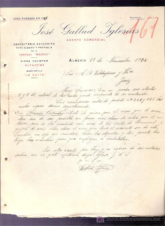 Commercial Letters: CARTA COMERCIAL. JOSE GALLUD IGLESIAS. AGENTE COMERCIAL. VALDESPINO. JEREZ. ALMERIA, 1926 NOVIEM.