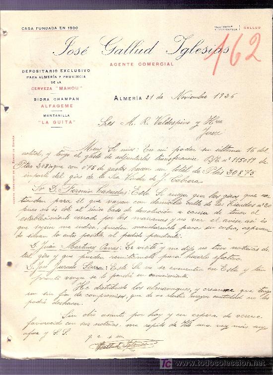Commercial Letters: CARTA COMERCIAL. JOSE GALLUD IGLESIAS. AGENTE COMERCIAL. VALDESPINO. JEREZ. ALMERIA, 1926 NOVIEM.