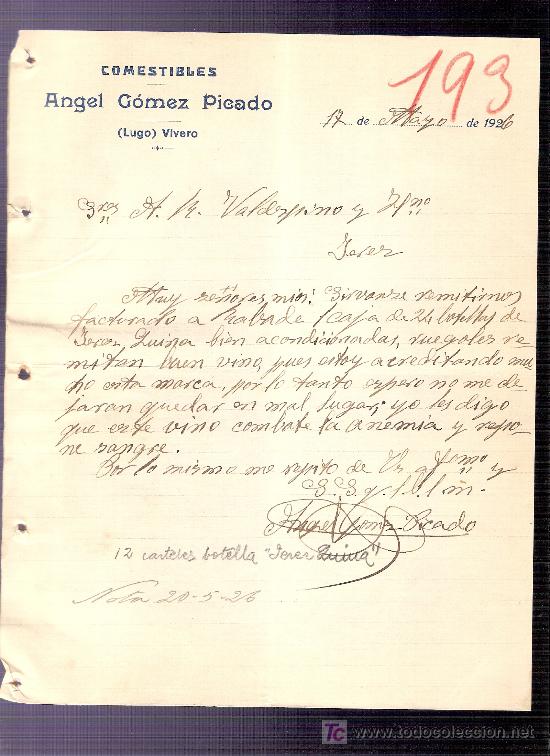 Commercial Letters: CARTA COMERCIAL. ANGEL GOMEZ PICADO. COMESTIBLES. VALDESPINO. JEREZ. LUGO, MAYO, 1926.