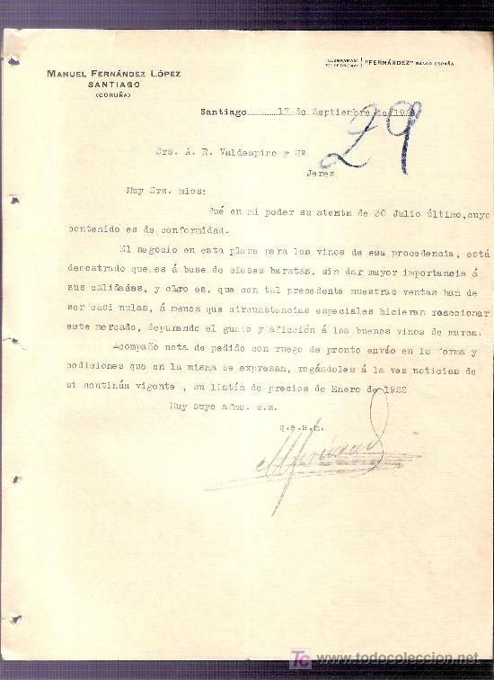 Commercial Letters: CARTA COMERCIAL. MANUEL FERNANDEZ LOPEZ. SANTIAGO. VALDESPINO. JEREZ. 1924, SEPTIEMBRE.