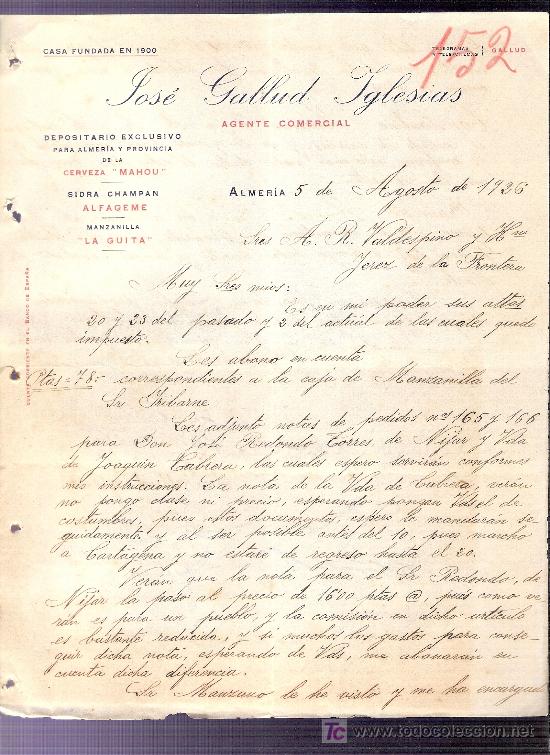 Commercial Letters: CARTA COMERCIAL. JOSE GALLUD IGLESIAS. AGENTE COMERCIAL. VALDESPINO, JEREZ. ALMERIA, AGOSTO 1926.