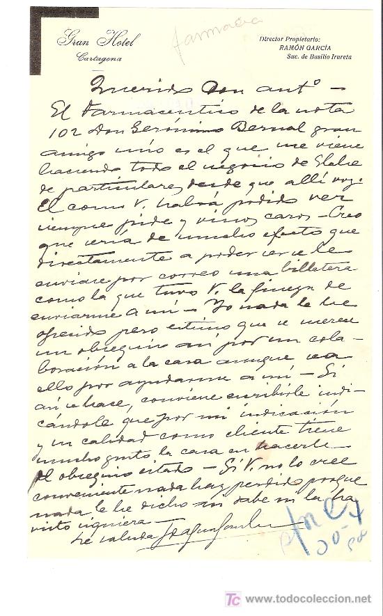 Commercial Letters: CARTA COMERCIAL. GRAN HOTEL. CARTAGENA. ABRIL, 1935.