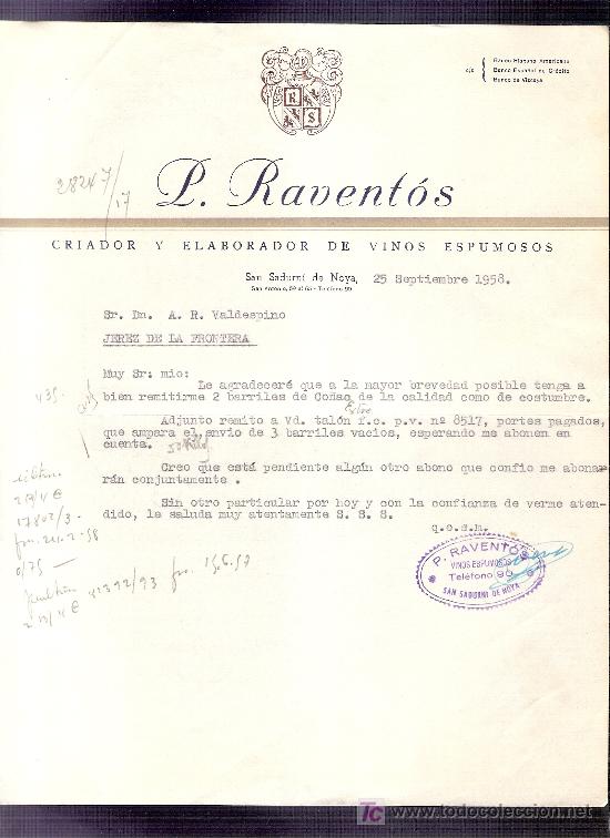Lettres commerciales: CARTA COMERCIAL. L. RAVENTOS. VINOS. VALDESPINO. JEREZ. SAN SADURNI DE NOYA, SEPTIEMBRE 1958.