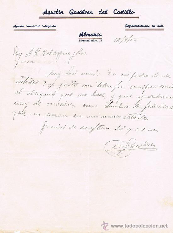 Cartas comerciales: CARTA COMERCIAL, AGUST&Iacute;N GAS&Aacute;LVEZ, AGENTE COMERCIAL, A SRES. VALDESPINO, ALMANSA 12 AGOSTO 1.934