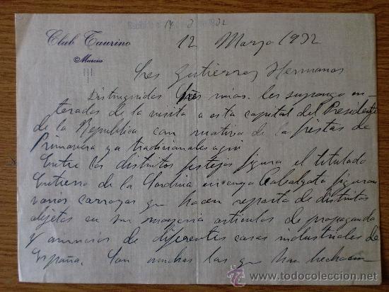 Lettres commerciales: CARTA COMERCIAL. MURCIA. 1922. CLUB TAURINO. GUTIERREZ HERMANOS.