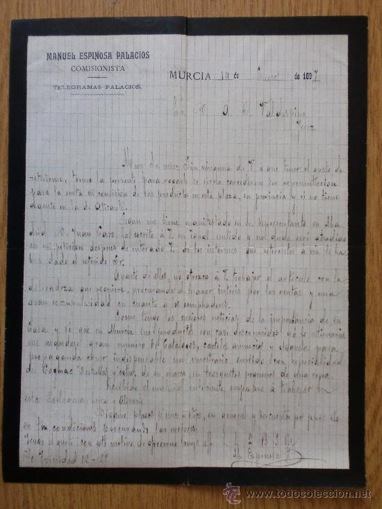 Lettres commerciales: CARTA COMERCIAL. MURCIA 1897. MANUEL ESPINOSA PALACIOS. COMISIONISTA. TELEGRAMAS-PALACIOS.