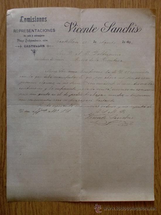 Lettres commerciales: CARTA COMERCIAL. CASTELLON 1896. VICENTE SANCHIS. COMISIONES Y REPRESENTACIONES.