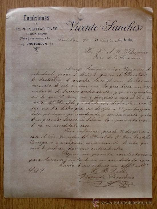 Lettres commerciales: CARTA COMERCIAL. CASTELLON 1895. VICENTE SANCHIS. COMISIONES Y REPRESENTACIONES.