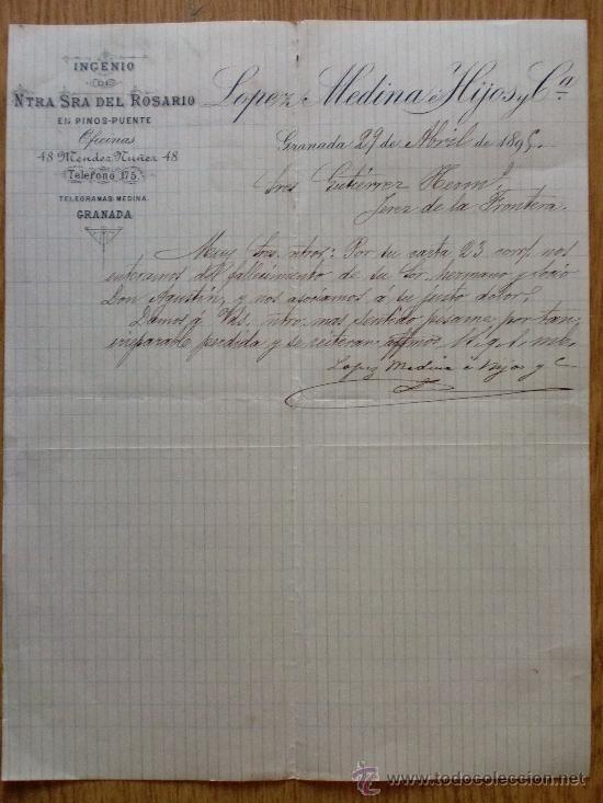 Lettres commerciales: CARTA COMERCIAL. GRANADA 1885. LOPEZ MEDINA E HIJOS Y CIA. INGENIO. NTRA SRA DEL ROSARIO.