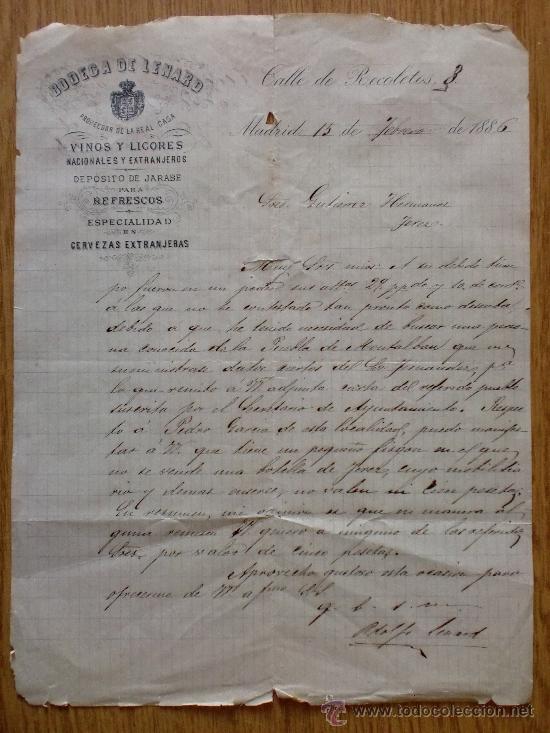 Lettres commerciales: CARTA COMERCIAL. MADRID 1886. BODEGA DE LENARD. VINOS Y LICORES. CERVEZAS EXTRANJERAS.