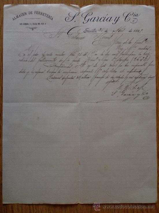 Lettere commerciali: CARTA COMERCIAL. SEVILLA 1895. S. GARCIA Y CIA. ALMACEN DE FERRETERIA.